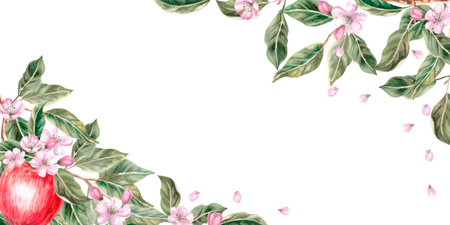 Rectangular frame with corner patterns of apples and branches. Isolated watercolor illustration for farm fruit design, agricultural fairs, organic product packaging.の写真素材