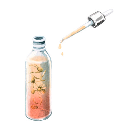Composition of transparent bottle with chamomile essence and pipette. Isolated watercolor illustration for home cosmetics, skincare, spa, beauty salons.の写真素材