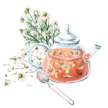 Composition of transparent teapot with chamomile tea, spoon for brewing and bouquet of chamomile. Isolated watercolor illustration for decoration of tea ceremonies, cafes, tea shops, tea collections.の写真素材