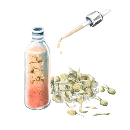 Composition of transparent bottle with chamomile essence and pipette and dried chamomile on background. Isolated watercolor illustration for home cosmetics, skincare, spa, beauty salons.の写真素材