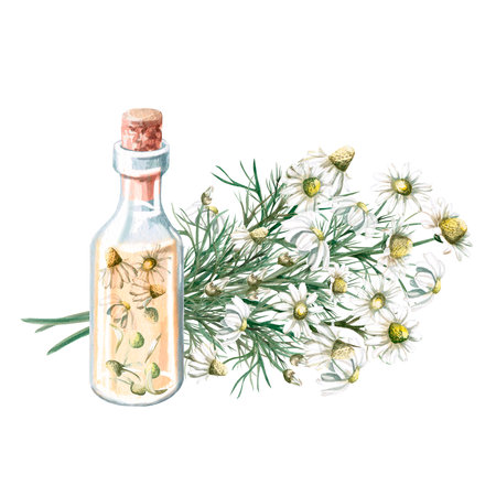 Chamomile essence bottle composition with bouquet. Isolated watercolor illustration for natural, handmade cosmetics, beauty blogs.の写真素材