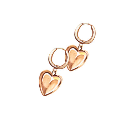 Golden earrings with heart-shaped pendant in watercolor. Isolated illustration of jewelry for design of catalogs,advertising campaigns, fashion magazines, social networks, creating patterns,の写真素材