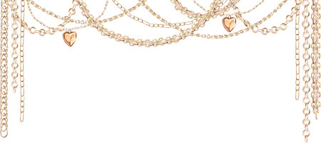 Rectangular frame with curved chains, pendants and bracelets in realistic style. Isolated watercolor illustration for magazine design, web pages, jewelry blogs, fair and sales posters.の写真素材