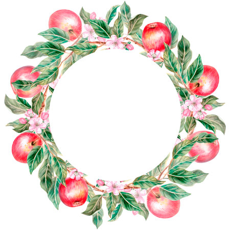 Wreath of ripe red apples. Isolated watercolor illustration for farm fruit design, agricultural fairs, organic product packaging. Harvesting in orchard.の写真素材