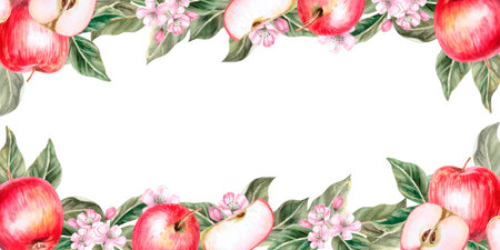 Rectangular frame with red ripe apples, slices and leaves in realistic style. Isolated watercolor illustration for farm fruit design, agricultural fairs, organic product packaging.の写真素材