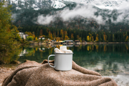 Picnic in the Bavarian mountains, Germany. Hand with mug of cacao and marshmallow on the lake, forest backgroundの写真素材