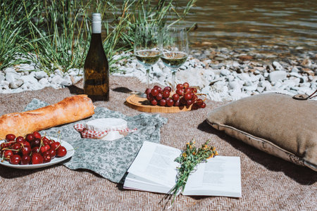 Romantic rustic picnic on the coast with two white wine glasses, bottle, baguette, cheese, open bookの写真素材