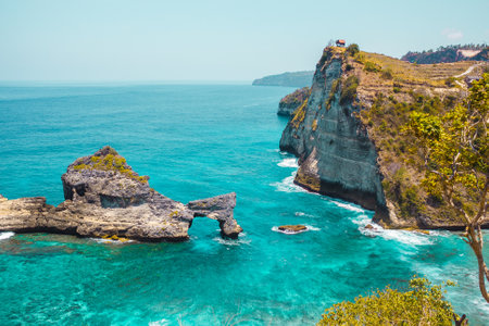 Near Atuh beach, Nusa Penida island, Bali, Indonesia. Ocean waves, cliffs, tropical plantsの写真素材