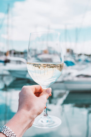 Woman hand with white wine, champagne glass on yachts, sailing boats background. Nice, France.の写真素材