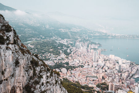 Panoramic view of Monaco and sea coast from mountain top. Cityscape from aboveの写真素材