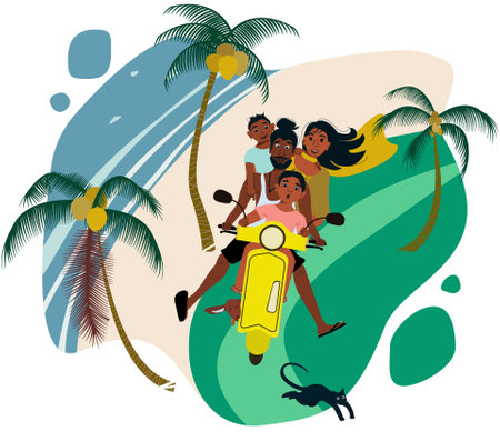 Happy family on a tropical beach. Vector illustration in flat style.のイラスト素材
