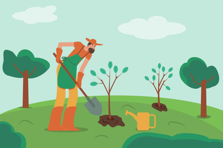Vector illustration of a gardener planting a tree in the garden.のイラスト素材