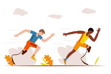 Running athletes with disabilities vector illustration. Two young jogging in the park.のイラスト素材