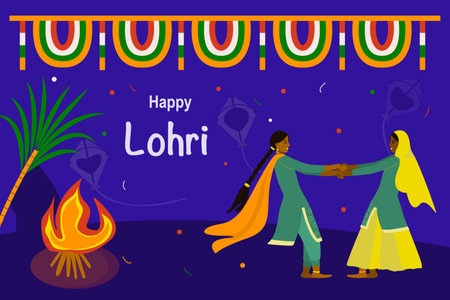 Happy Lohri greeting card. Indian woman and man in saree greeting each other.のイラスト素材