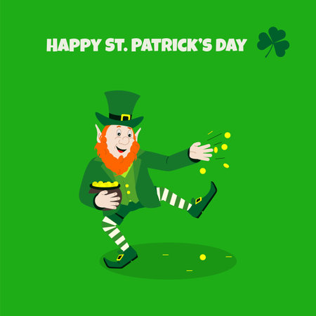 Happy St. Patrick's Day greeting card with a gnome throwing coins. Vector illustration. Vector illustrationのイラスト素材