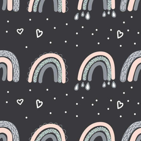 Adorable rainbow clipart seamless pattern in trendy Scandinavian style. Funny, cute, hygge illustration for poster, textile, decoration kids playroom or greeting card. Hand drawn doodle background.のイラスト素材