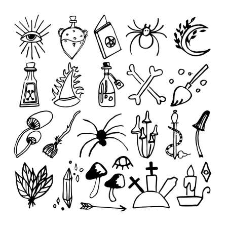 Big set doodle vector elements about esotericist and magic. Hand drawn jars, feathers, cauldron, magic mushrooms, moon, candles, witches broom and other magical symbols. Isolated on white backdrop.のイラスト素材