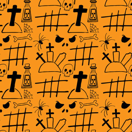 Halloween pattern with doodle vector element as crosses, graves, spider net, magic poison, witch broom, moon and etc. Background about esotericist and magic.のイラスト素材