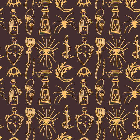 Halloween pattern with doodle vector element as crosses, graves, spider net, magic poison, witch broom, moon and etc. Background about esotericist and magic.のイラスト素材