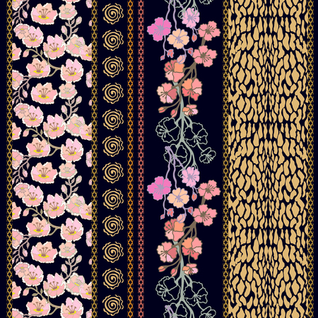 Hand drawn blooming sakura, seamless reptile skin pattern. Vintage textile collection. Golden, silver shadows on black.のイラスト素材