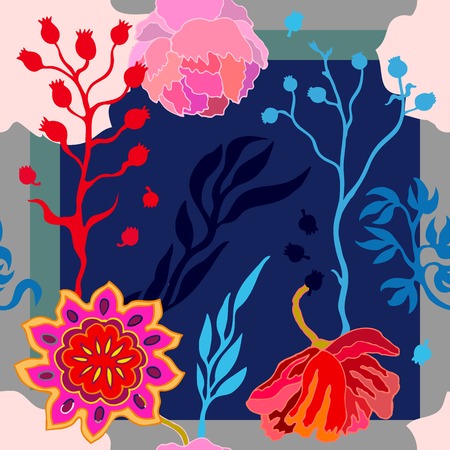 Abstract seamless vector pattern with hand drawn floral elements. 1950s-1960s motifs. Retro textile collection.のイラスト素材