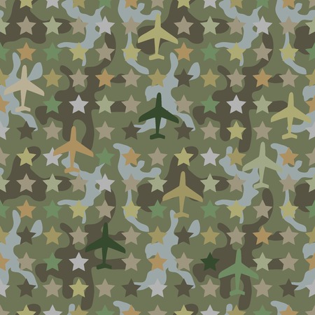 Seamless camouflage dark khaki pattern with stars and aircrafts. Man fashion. Military textile collection.のイラスト素材