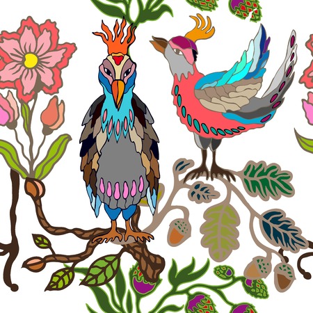 Oriental pattern with Victorian motifs. Blooming summer flowers, leaves and birds. Vintage textile collection.のイラスト素材