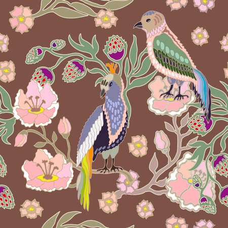 Oriental pattern with Victorian motifs. Blooming summer flowers, leaves and birds. Vintage textile collection.のイラスト素材
