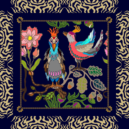 Oriental pattern with Victorian motifs. Blooming summer flowers, leaves and birds. Vintage textile collection.のイラスト素材