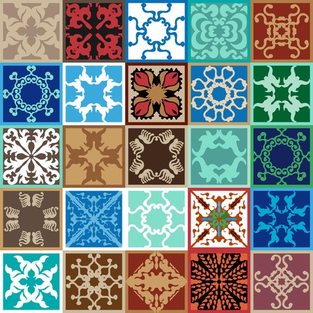 Colorful vintage tiles with Moroccan floral and geometrical patterns. Gradation of blue, brown and beige shadows.のイラスト素材