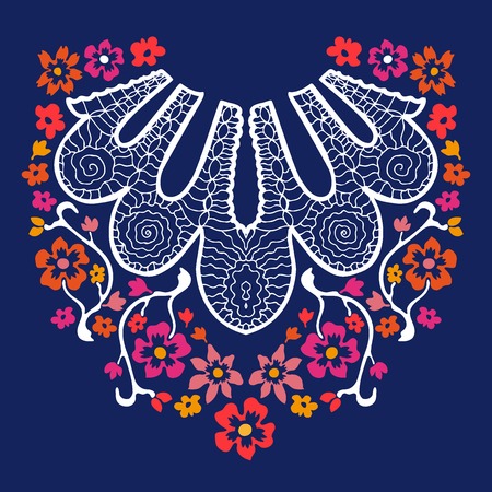 Hand drawn floral pattern with red bohemian roses. Folk art textile collection.のイラスト素材