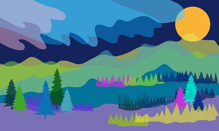 Beautiful scenery with mountains, forest and cloudy sky.のイラスト素材