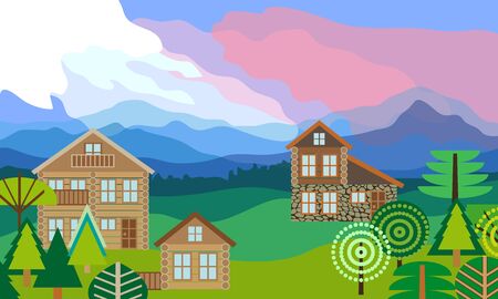 Beautiful scenery with mountains, forest, cloudy sky and chalets. Vector illustration.のイラスト素材