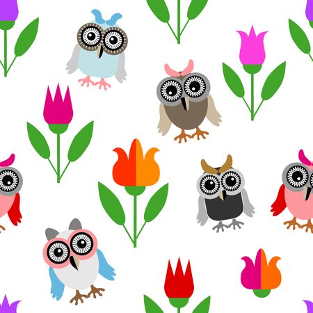 Seamless vector pattern with birds and tulips.のイラスト素材