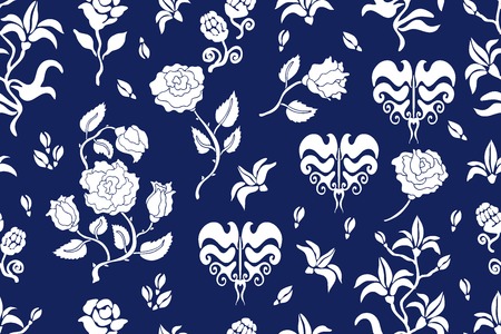 Seamless vector pattern with damask motifs. Vintage textile collection. Blue, white.のイラスト素材