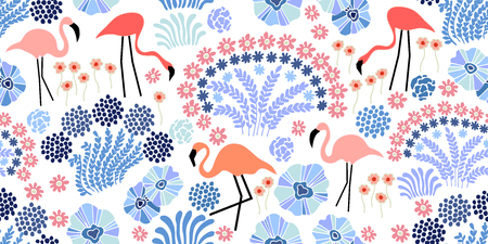 Seamless vector pattern with exotic plants and flowers.のイラスト素材
