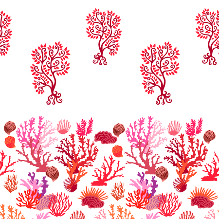 Seamless vector border with trees and corals.のイラスト素材