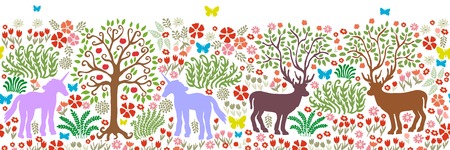 Magic fores with unicorns, deers, flowers and trees.のイラスト素材