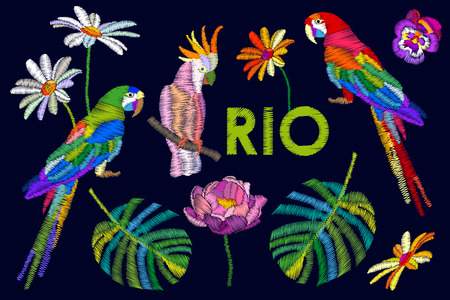 Parrots, flowers, palm leaves.のイラスト素材