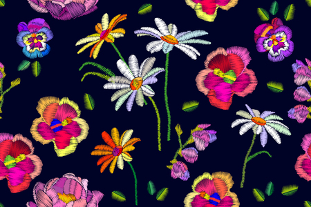 Seamless vector pattern with pansies, chamomiles and peonies. Retro textile collection.のイラスト素材