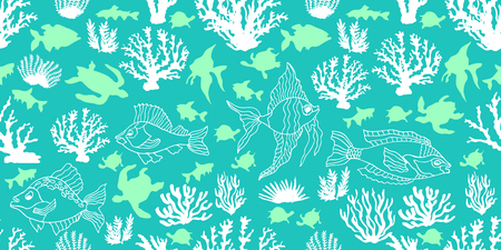 Seamless vector border with tropical motifs. Corals, fishes and tortillas on turquoise background. Beach textile collection.のイラスト素材