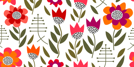 Seamless vector pattern inspired by 1950s textile design. Poppies and tulips on white background.のイラスト素材