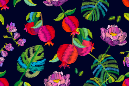 Seamless vector pattern with exotic fruits, palm leaves and flowers. Embroidered texture. Vintage textile collection.のイラスト素材