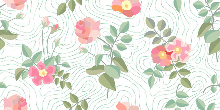 Seamless vector pattern with blooming summer flowers and leaves. Vintage textile collection.のイラスト素材