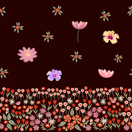 Small tulips, poppies, lotuses, lilies on brown background. Japanese, Chinese, Korean motifs. Vintage textile collection.のイラスト素材