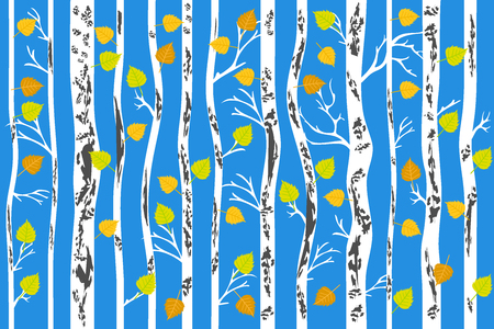 Seamless vector pattern with white birches and yellow leaves. 1950s-1960s motifs. Retro textile collection.のイラスト素材