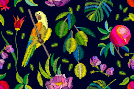 Seamless vector pattern with fruits, palm leaves and flowers. Embroidered texture. Vintage textile collection.のイラスト素材