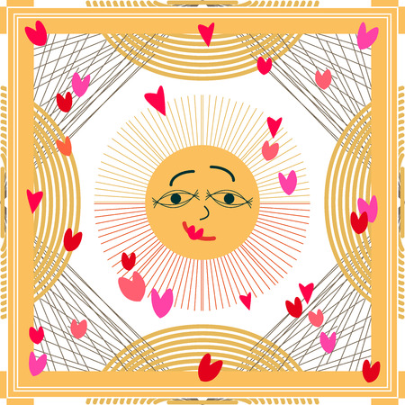 Sun with hearts  pattern with Indian motifs. Ethnic textile collection.のイラスト素材