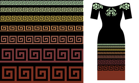 Dress or gown  pattern with floral and  geometric elements. Summer textile collection.のイラスト素材
