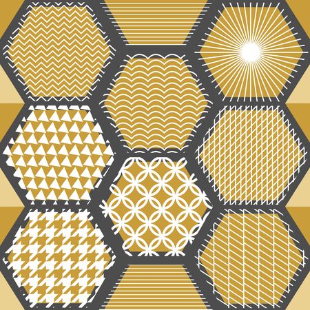 Seamless vector pattern with different geometric elements. Abstract white background with golden ornaments. Oriental textile collection.のイラスト素材